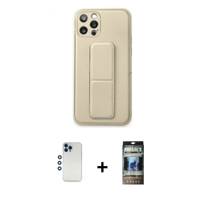 MARSİLYAN™- iPhone 12 Pro Kılıf Akış Doku - Siyah 34D Hayalet Izgaralı Cam + Shine Kamera Lens - MI