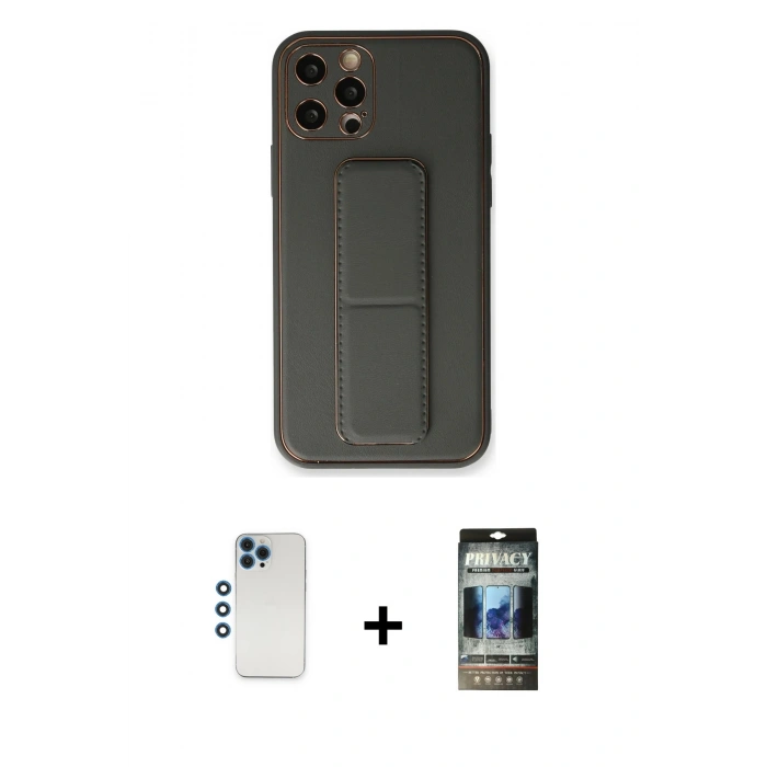 MARSİLYAN™- iPhone 12 Pro Kılıf Akış Doku - Siyah 34D Hayalet Izgaralı Cam + Shine Kamera Lens - MI