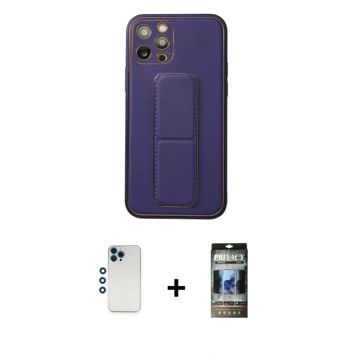 MARSİLYAN™- iPhone 12 Pro Kılıf Akış Doku - Siyah 34D Hayalet Izgaralı Cam + Shine Kamera Lens - MI
