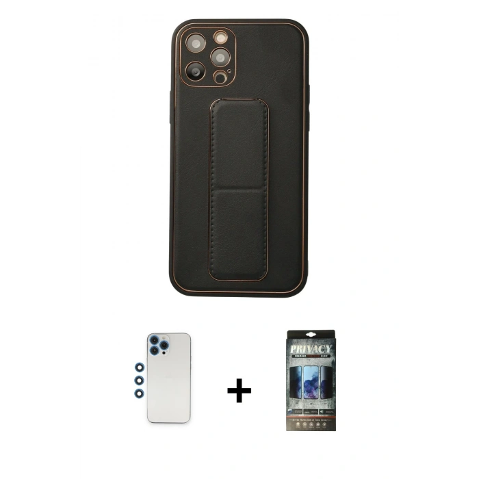 MARSİLYAN™- iPhone 12 Pro Kılıf Akış Doku - Siyah 34D Hayalet Izgaralı Cam + Shine Kamera Lens - MI