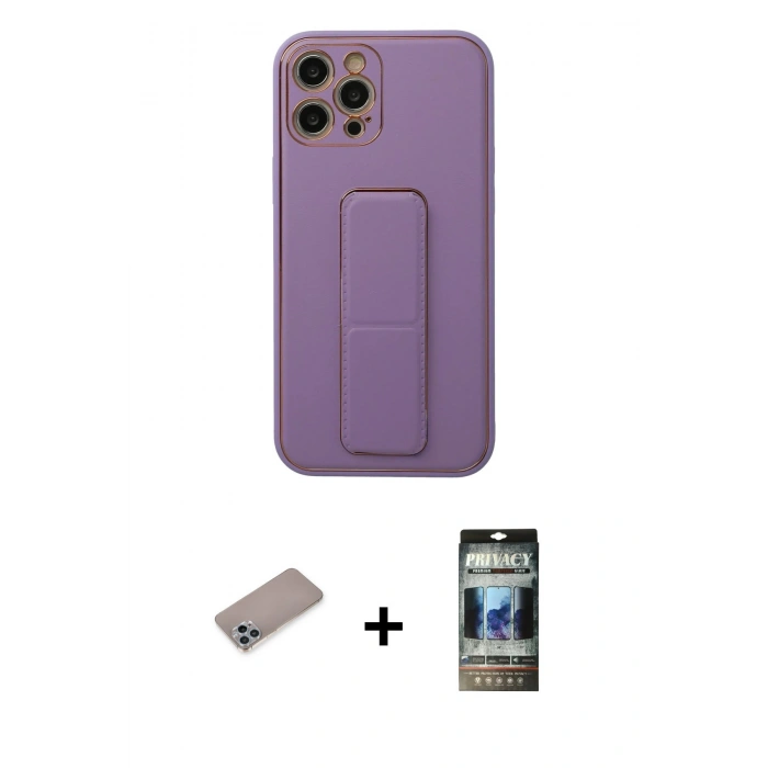 MARSİLYAN™- iPhone 12 Pro Kılıf Akış Doku - Siyah 34D Hayalet Izgaralı Cam + Shine Kamera Lens Koruma Cam - SABE