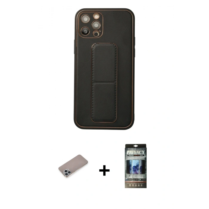 MARSİLYAN™- iPhone 12 Pro Kılıf Akış Doku - Siyah 34D Hayalet Izgaralı Cam + Shine Kamera Lens Koruma Cam - SABE