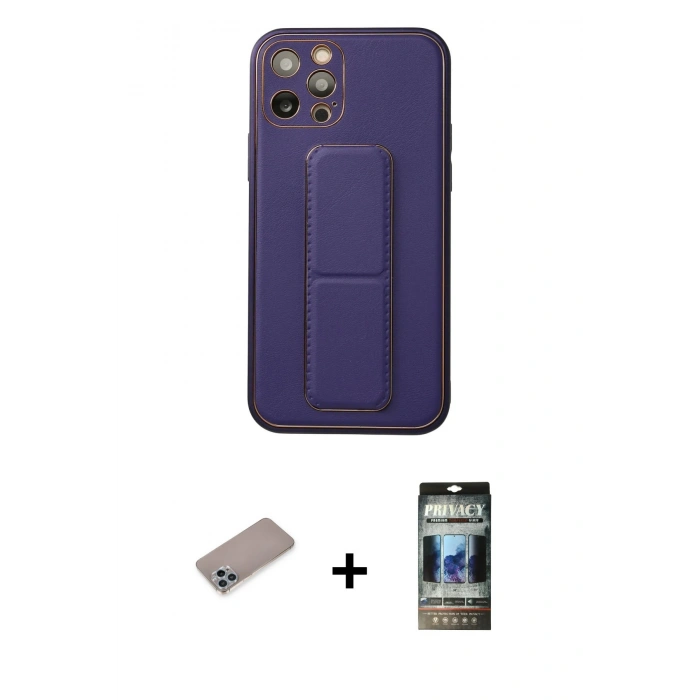 MARSİLYAN™- iPhone 12 Pro Kılıf Akış Doku - Siyah 34D Hayalet Izgaralı Cam + Shine Kamera Lens Koruma Cam - SABE