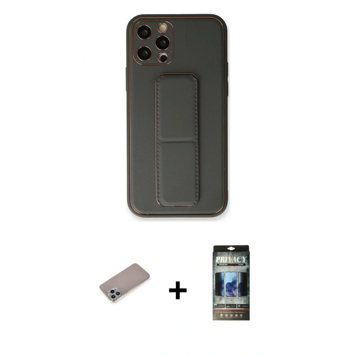 MARSİLYAN™- iPhone 12 Pro Kılıf Akış Doku - Siyah 34D Hayalet Izgaralı Cam + Shine Kamera Lens Koruma Cam - SABE