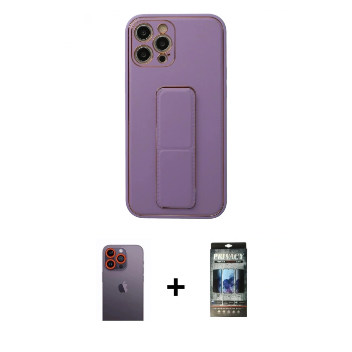MARSİLYAN™- iPhone 12 Pro Kılıf Akış Doku - Siyah 34D Hayalet Izgaralı Cam + Neon Fosforlu Kamera Lens - TU