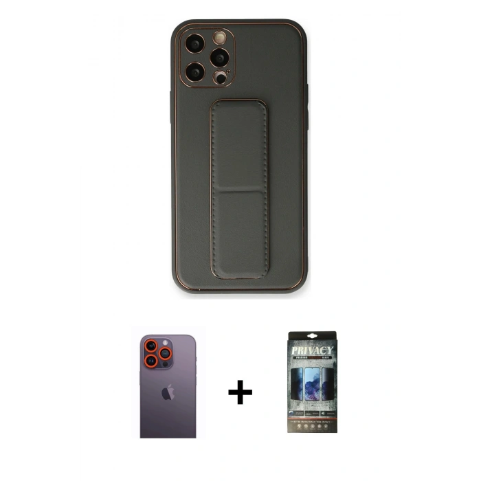 MARSİLYAN™- iPhone 12 Pro Kılıf Akış Doku - Siyah 34D Hayalet Izgaralı Cam + Neon Fosforlu Kamera Lens - TU