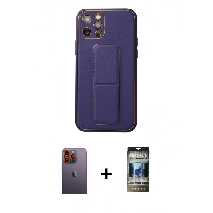 MARSİLYAN™- iPhone 12 Pro Kılıf Akış Doku - Siyah 34D Hayalet Izgaralı Cam + Neon Fosforlu Kamera Lens - TU