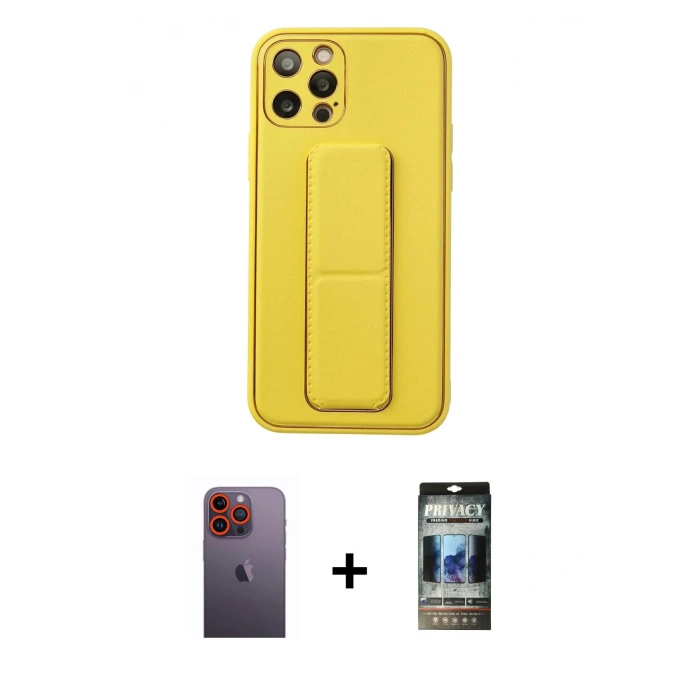 MARSİLYAN™- iPhone 12 Pro Kılıf Akış Doku - Siyah 34D Hayalet Izgaralı Cam + Neon Fosforlu Kamera Lens - TU