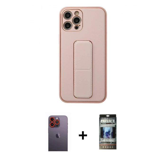 MARSİLYAN™- iPhone 12 Pro Kılıf Akış Doku - Siyah 34D Hayalet Izgaralı Cam + Neon Fosforlu Kamera Lens - TU