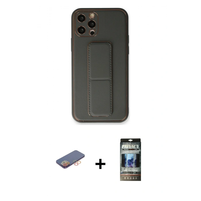 MARSİLYAN™- iPhone 12 Pro Kılıf Akış Doku - Siyah 34D Hayalet Izgaralı Cam + Renkli Kamera Lens Koruma Cam - TU
