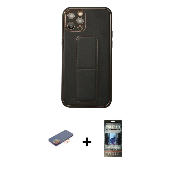 MARSİLYAN™- iPhone 12 Pro Kılıf Akış Doku - Siyah 34D Hayalet Izgaralı Cam + Renkli Kamera Lens Koruma Cam - TU