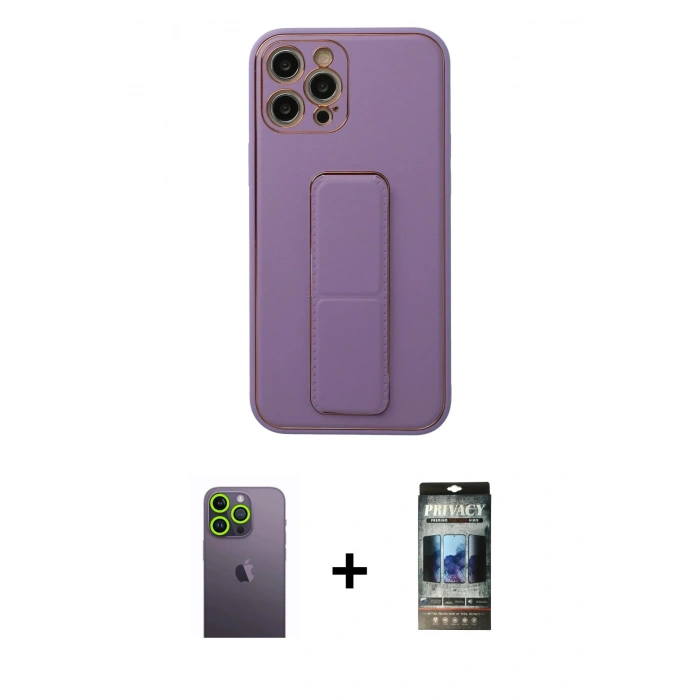 MARSİLYAN™- iPhone 12 Pro Kılıf Akış Doku - Siyah 34D Hayalet Izgaralı Cam + Neon Fosforlu Kamera Lens - YL