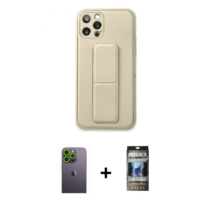 MARSİLYAN™- iPhone 12 Pro Kılıf Akış Doku - Siyah 34D Hayalet Izgaralı Cam + Neon Fosforlu Kamera Lens - YL