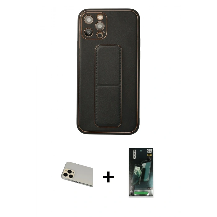 MARSİLYAN™- iPhone 12 Pro Kılıf Akış Doku - Siyah 360 Mat Full Body Arka Koruyucu + Rainbow Kamera Lens Koruma Cam - GD