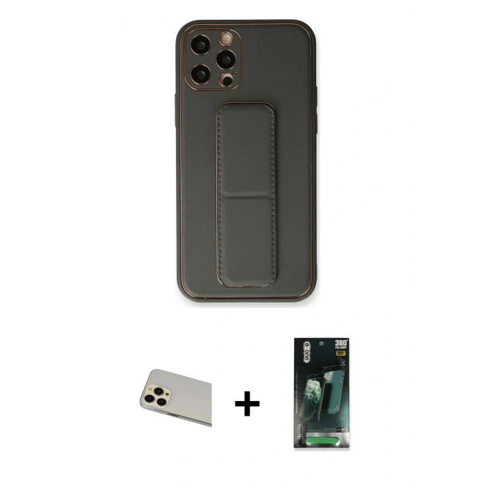 MARSİLYAN™- iPhone 12 Pro Kılıf Akış Doku - Siyah 360 Mat Full Body Arka Koruyucu + Rainbow Kamera Lens Koruma Cam - GD