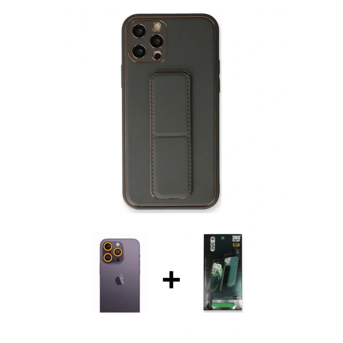 MARSİLYAN™- iPhone 12 Pro Kılıf Akış Doku - Siyah 360 Mat Full Body Arka Koruyucu + Neon Fosforlu Kamera Lens - SI