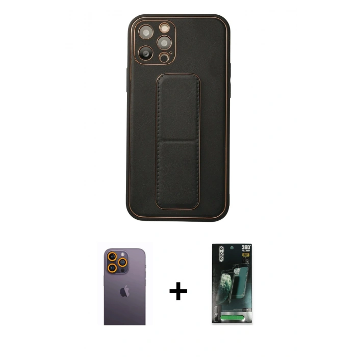 MARSİLYAN™- iPhone 12 Pro Kılıf Akış Doku - Siyah 360 Mat Full Body Arka Koruyucu + Neon Fosforlu Kamera Lens - SI