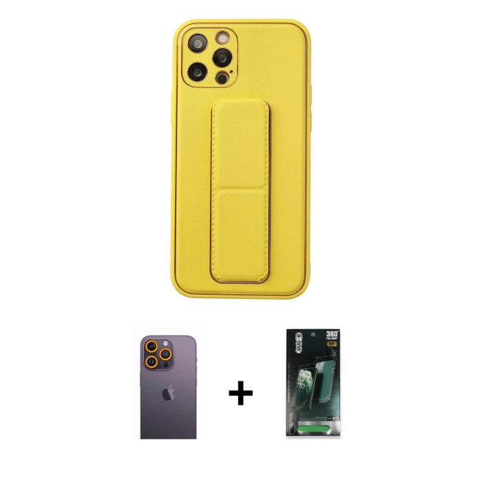 MARSİLYAN™- iPhone 12 Pro Kılıf Akış Doku - Siyah 360 Mat Full Body Arka Koruyucu + Neon Fosforlu Kamera Lens - SI