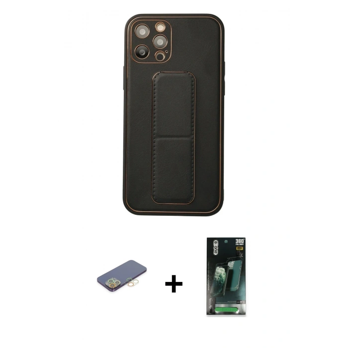 MARSİLYAN™- iPhone 12 Pro Kılıf Akış Doku - Siyah 360 Mat Full Body Arka Koruyucu + Sarı Renkli Kamera Lens Koruma Cam
