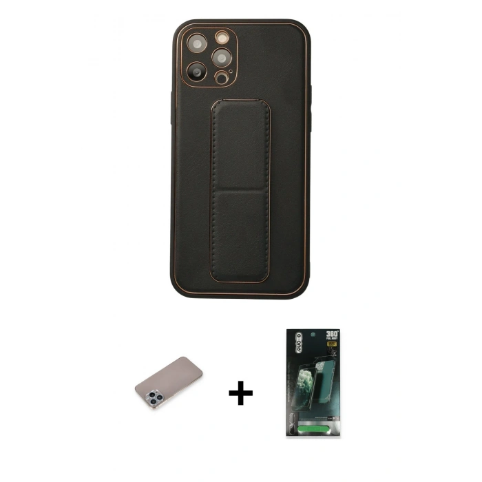 MARSİLYAN™- iPhone 12 Pro Kılıf Akış Doku - Siyah 360 Mat Full Body Arka Koruyucu + Sierra Blue Shine Kamera Lens Koruma Cam