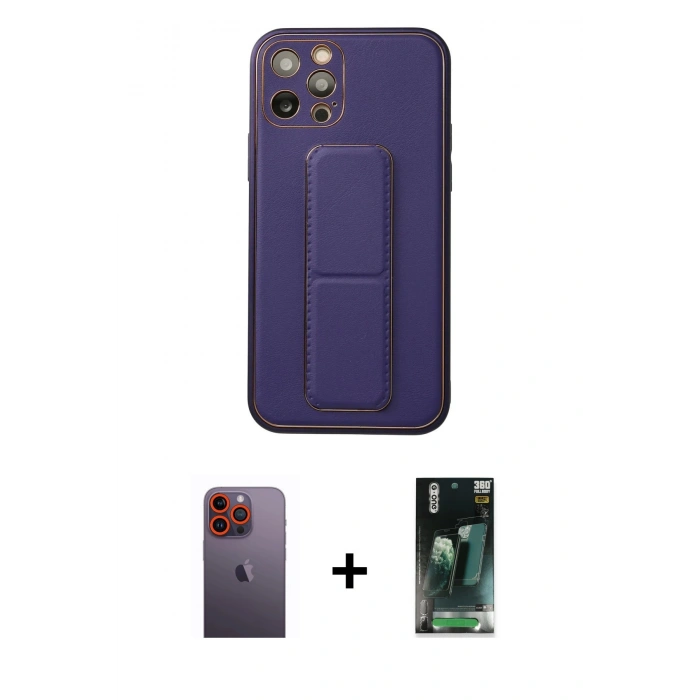 MARSİLYAN™- iPhone 12 Pro Kılıf Akış Doku - Siyah 360 Mat Full Body Arka Koruyucu + Neon Fosforlu Kamera Lens - TU