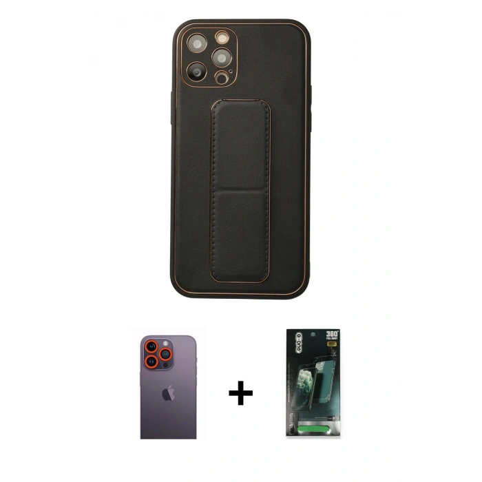 MARSİLYAN™- iPhone 12 Pro Kılıf Akış Doku - Siyah 360 Mat Full Body Arka Koruyucu + Neon Fosforlu Kamera Lens - TU