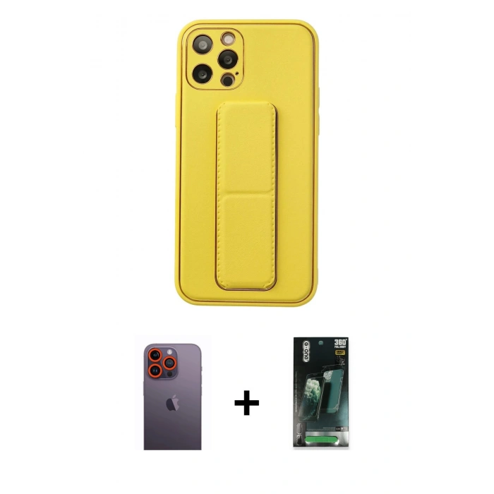 MARSİLYAN™- iPhone 12 Pro Kılıf Akış Doku - Siyah 360 Mat Full Body Arka Koruyucu + Neon Fosforlu Kamera Lens - TU