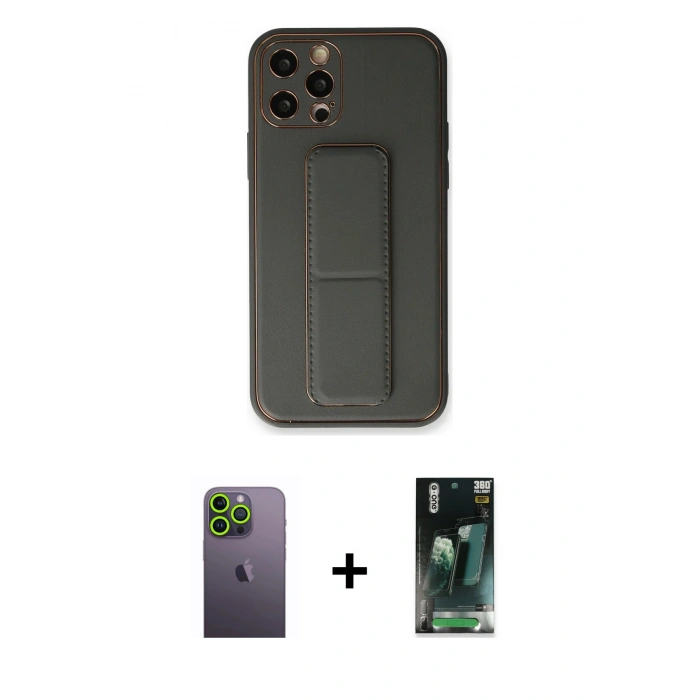 MARSİLYAN™- iPhone 12 Pro Kılıf Akış Doku - Siyah 360 Mat Full Body Arka Koruyucu + Neon Fosforlu Kamera Lens - YL