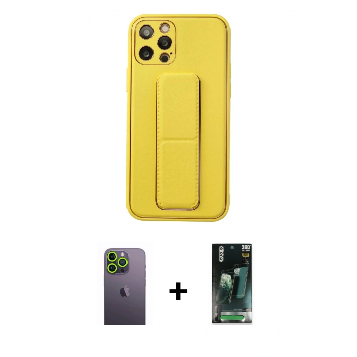 MARSİLYAN™- iPhone 12 Pro Kılıf Akış Doku - Siyah 360 Mat Full Body Arka Koruyucu + Neon Fosforlu Kamera Lens - YL