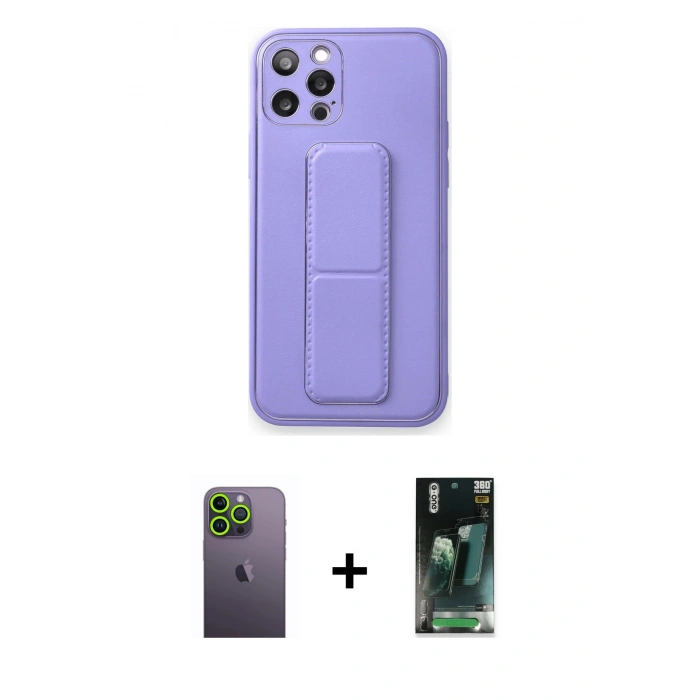 MARSİLYAN™- iPhone 12 Pro Kılıf Akış Doku - Siyah 360 Mat Full Body Arka Koruyucu + Neon Fosforlu Kamera Lens - YL