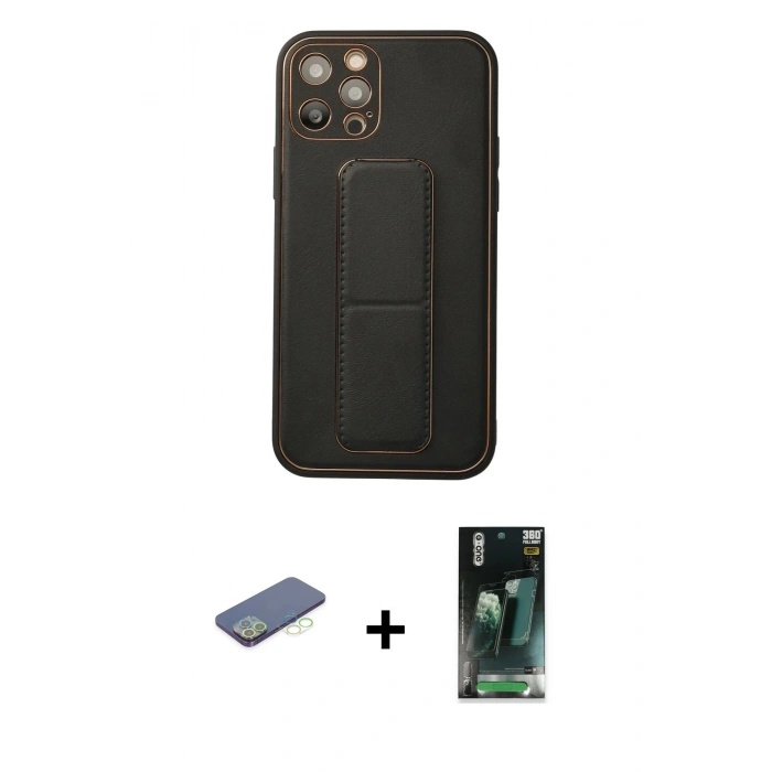 MARSİLYAN™- iPhone 12 Pro Kılıf Akış Doku - Siyah 360 Mat Full Body Arka Koruyucu + Renkli Kamera Lens Koruma Cam - YL