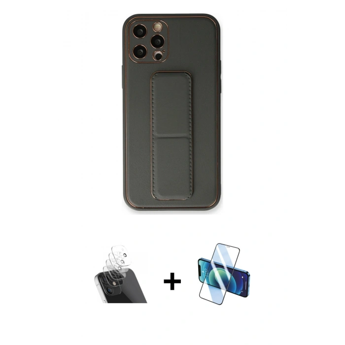 MARSİLYAN™- iPhone 12 Pro Kılıf Akış Doku - Siyah 3D Antistatik Cam Ekran Koruyucu + Kamera Lens Koruma Cam - SF