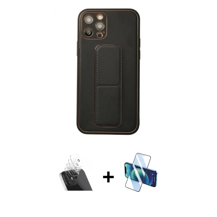 MARSİLYAN™- iPhone 12 Pro Kılıf Akış Doku - Siyah 3D Antistatik Cam Ekran Koruyucu + Kamera Lens Koruma Cam - SF
