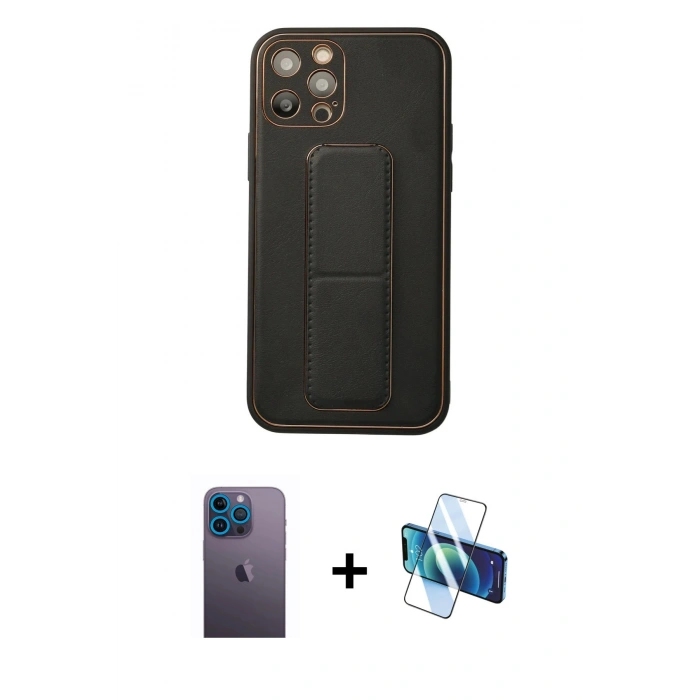 MARSİLYAN™- iPhone 12 Pro Kılıf Akış Doku - Siyah 3D Antistatik Cam Ekran Koruyucu + Neon Fosforlu Kamera Lens - MI