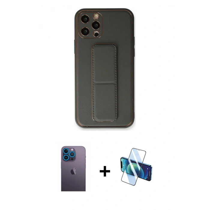 MARSİLYAN™- iPhone 12 Pro Kılıf Akış Doku - Siyah 3D Antistatik Cam Ekran Koruyucu + Neon Fosforlu Kamera Lens - MI