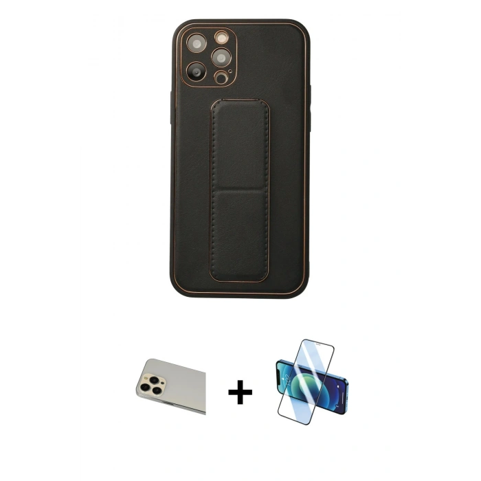 MARSİLYAN™- iPhone 12 Pro Kılıf Akış Doku - Siyah 3D Antistatik Cam Ekran Koruyucu + Rainbow Kamera Lens Koruma Cam - GD