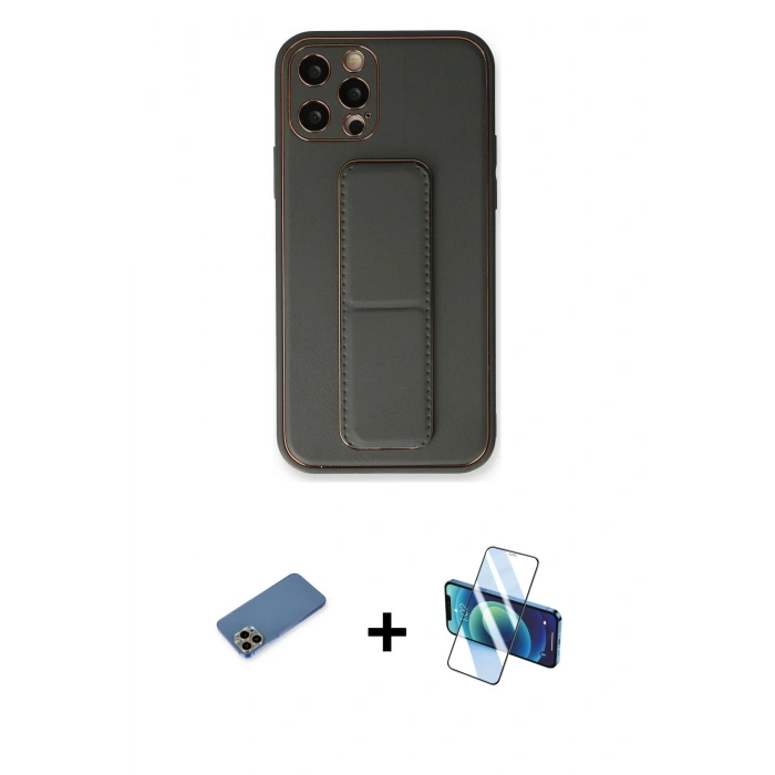 MARSİLYAN™- iPhone 12 Pro Kılıf Akış Doku - Siyah 3D Antistatik Cam Ekran Koruyucu + Shine Kamera Lens Koruma Cam - GD
