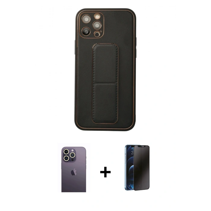 MARSİLYAN™- iPhone 12 Pro Kılıf Akış Doku - Siyah 3D Antistatik Hayalet Cam Ekran Koruyucu + Neon Fosforlu Kamera Lens - BZ