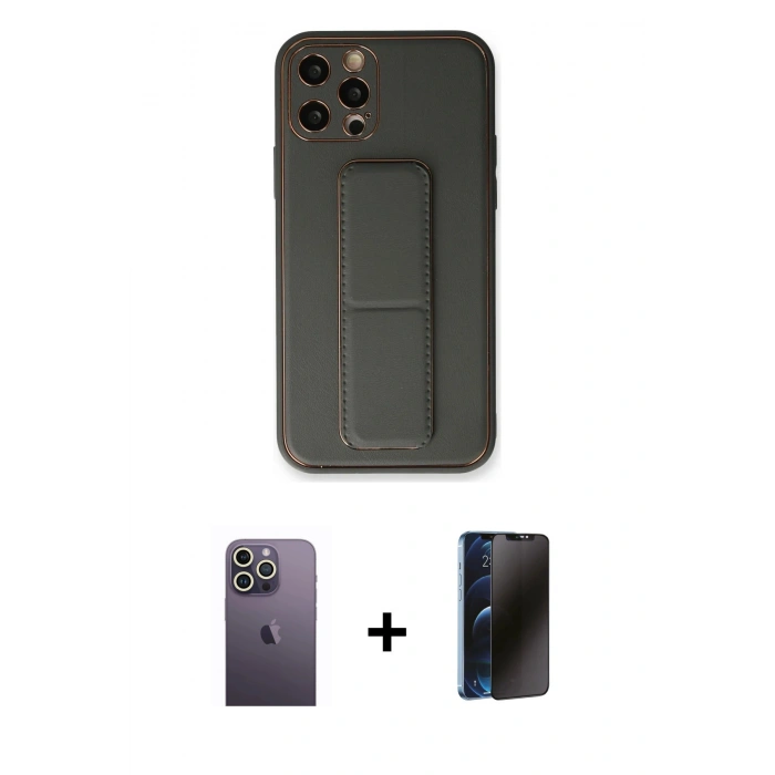 MARSİLYAN™- iPhone 12 Pro Kılıf Akış Doku - Siyah 3D Antistatik Hayalet Cam Ekran Koruyucu + Neon Fosforlu Kamera Lens - BZ