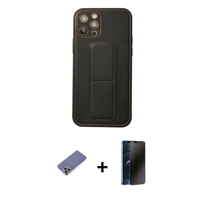 MARSİLYAN™- iPhone 12 Pro Kılıf Akış Doku - Siyah 3D Antistatik Hayalet Cam Ekran Koruyucu + Metal Kamera Lens Koruma Cam - GD