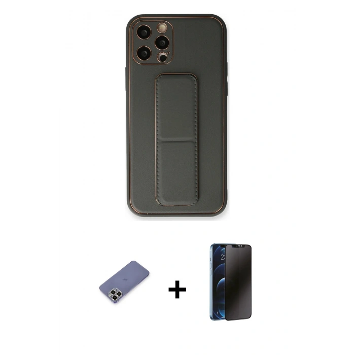 MARSİLYAN™- iPhone 12 Pro Kılıf Akış Doku - Siyah 3D Antistatik Hayalet Cam Ekran Koruyucu + Metal Kamera Lens Koruma Cam - GD