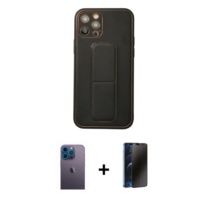 MARSİLYAN™- iPhone 12 Pro Kılıf Akış Doku - Siyah 3D Antistatik Hayalet Cam Ekran Koruyucu + Neon Fosforlu Kamera Lens - MI