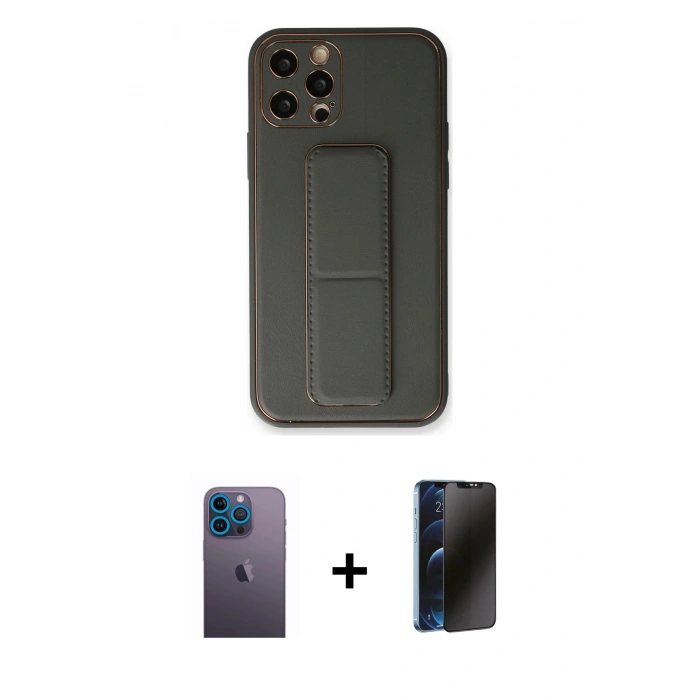 MARSİLYAN™- iPhone 12 Pro Kılıf Akış Doku - Siyah 3D Antistatik Hayalet Cam Ekran Koruyucu + Neon Fosforlu Kamera Lens - MI