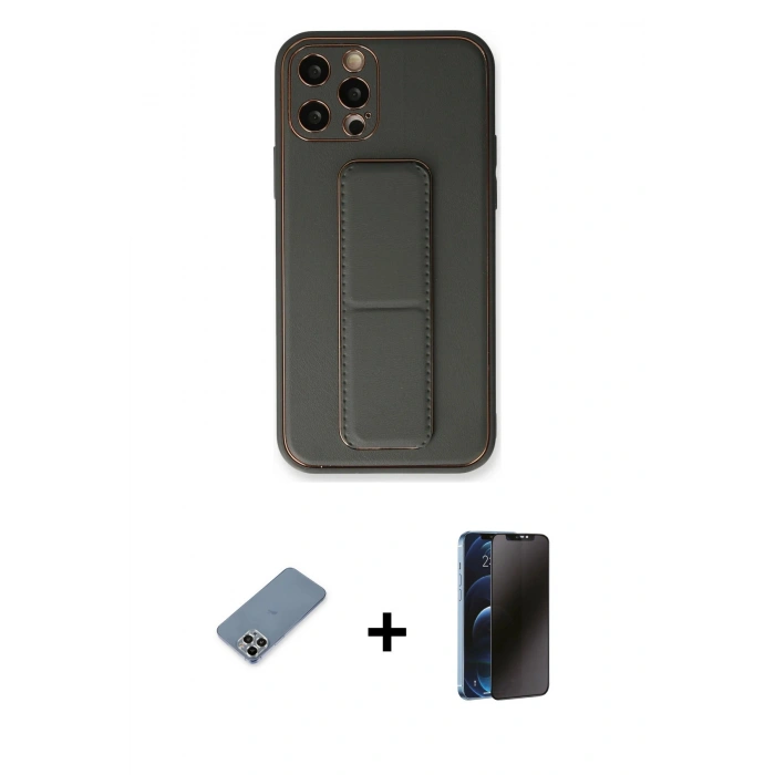 MARSİLYAN™- iPhone 12 Pro Kılıf Akış Doku - Siyah 3D Antistatik Hayalet Cam Ekran Koruyucu + Metal Kamera Lens Koruma Cam - GS