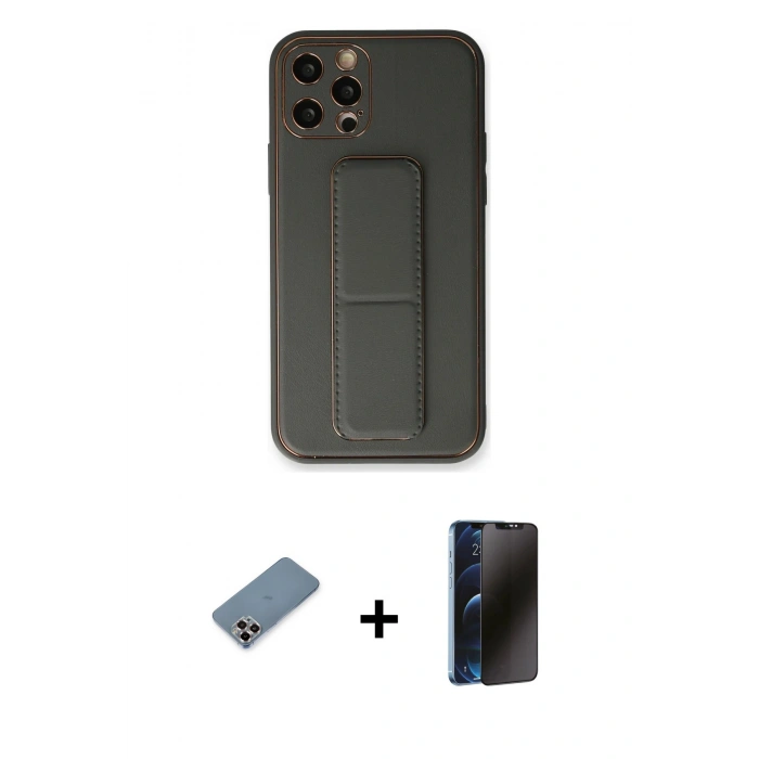 MARSİLYAN™- iPhone 12 Pro Kılıf Akış Doku - Siyah 3D Antistatik Hayalet Cam Ekran Koruyucu + Metal Kamera Lens Koruma Cam - MR