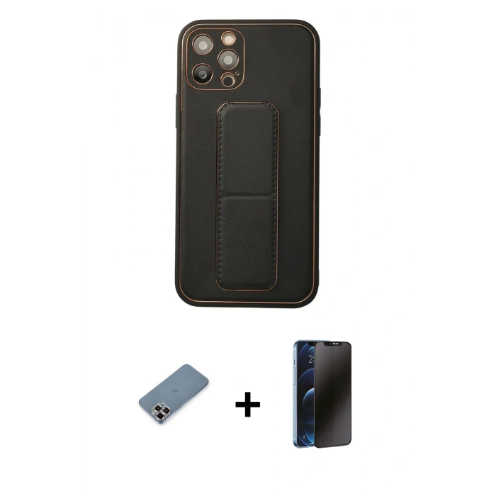 MARSİLYAN™- iPhone 12 Pro Kılıf Akış Doku - Siyah 3D Antistatik Hayalet Cam Ekran Koruyucu + Metal Kamera Lens Koruma Cam - MR
