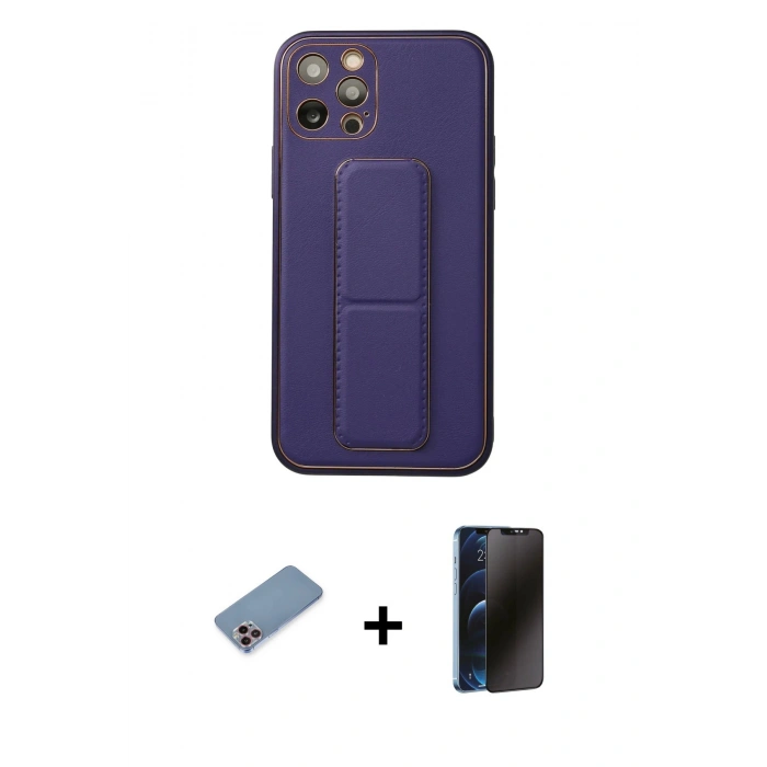 MARSİLYAN™- iPhone 12 Pro Kılıf Akış Doku - Siyah 3D Antistatik Hayalet Cam Ekran Koruyucu + Shine Kamera Lens Koruma Cam - PE