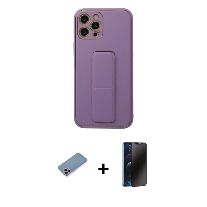 MARSİLYAN™- iPhone 12 Pro Kılıf Akış Doku - Siyah 3D Antistatik Hayalet Cam Ekran Koruyucu + Shine Kamera Lens Koruma Cam - PE