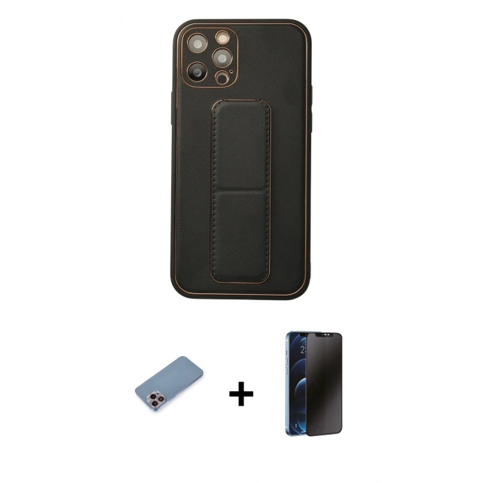 MARSİLYAN™- iPhone 12 Pro Kılıf Akış Doku - Siyah 3D Antistatik Hayalet Cam Ekran Koruyucu + Shine Kamera Lens Koruma Cam - PE