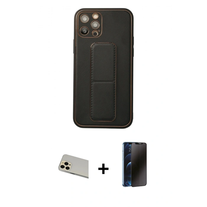 MARSİLYAN™- iPhone 12 Pro Kılıf Akış Doku - Siyah 3D Antistatik Hayalet Cam Ekran Koruyucu + Rainbow Kamera Lens Koruma Cam - GD